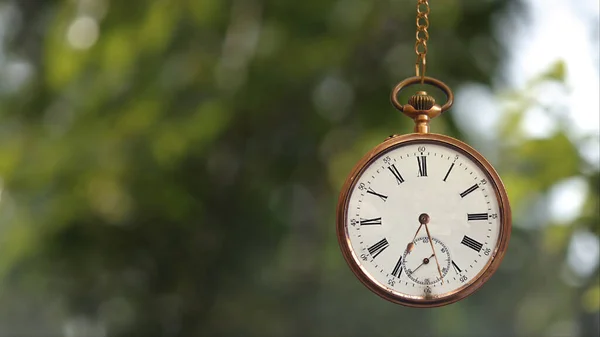 Relógio Bolso Chain Time Ticking Apresenta Relógio Bolso Ouro Pendurado — Fotografia de Stock