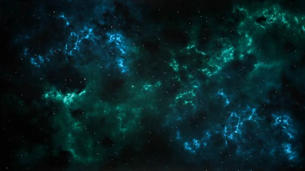 Space Blue and Green with Stars Background features a view of space with blue and green nebulous clouds and twinkling stars.
