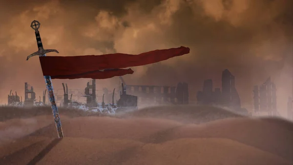 stock image Sword in the Desert with Ruins features a desert scene with a sword buried in the sand in a storm with a red cloth flapping in the wind with ruins in background