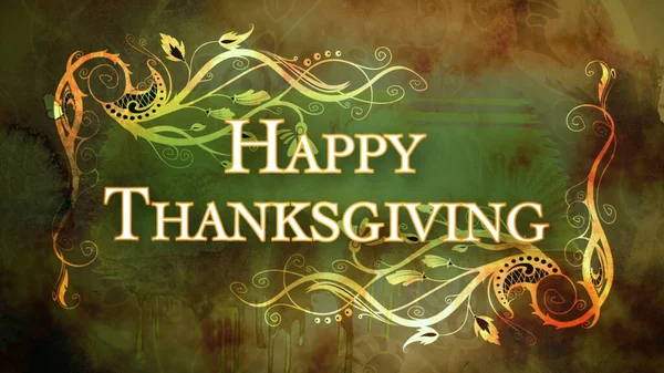 Happy Thanksgiving Grunge Greeting features the words Happy Thanksgiving in a frame of designer vines and a green brown earth tone grunge background.