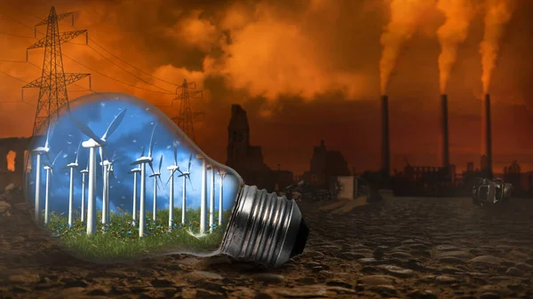 Windmills in Light Bulb with Distant Smokestacks features a light bulb with blue skies and windmills inside with a pollution filled background.