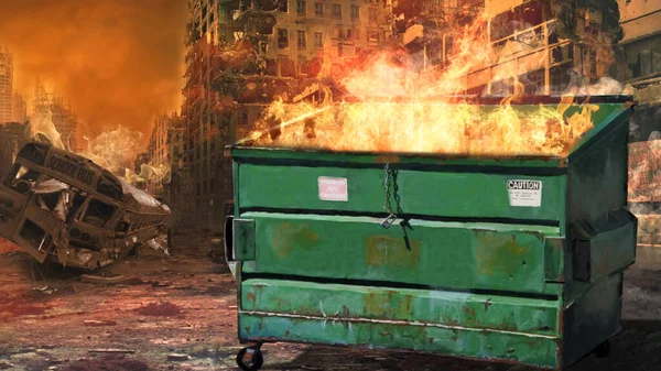 Dumpster Fire Society Crises Zeigt Einen Müllcontainer Mit Feuer Der — Stockfoto