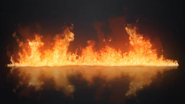 Fire Blazing on a Reflective Surface Background features a line of fire blazing on a reflective wet surface in a dark atmosphere.