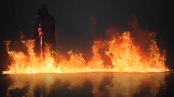 Вогонь Чорна Фігура Мечем Має Лінію Вогню Палає Відбиваючій Вологій — стокове фото