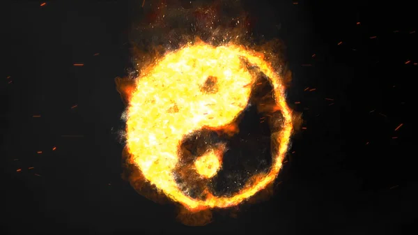 Flaming Yin Yang Symbol with Smoke and Sparks features a yin yang symbol flaming against a black background and sparks and smoke blowing across the scene.