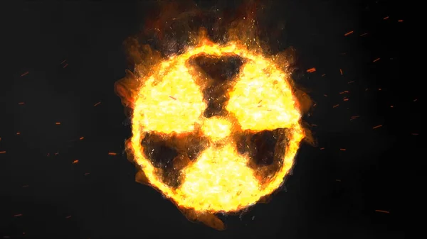 Radioaktív Jel Füsttel Szikrákkal Egy Nukleáris Radioaktív Szimbólum Lángol Fekete — Stock Fotó