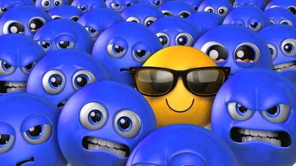 Stand Out in a Crowd Happy Emoji features a single yellow emoji wearing sunglasses and smiling in a crowd of blue emojis with expressions ranging from angry too sad.
