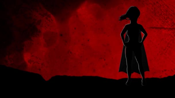 Grunge Kırmızı Arkaplan Döngüsünde Dikilen Süper Kahraman Kadın Bir Süper — Stok video