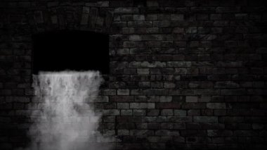 Pencereden düşen Sis Duvarı 4K Döngüsü 'nde, pencereden dumanla ya da sisle dışarı dökülen karanlığa açılan karanlık bir penceresi olan koyu taştan bir duvar vardır..
