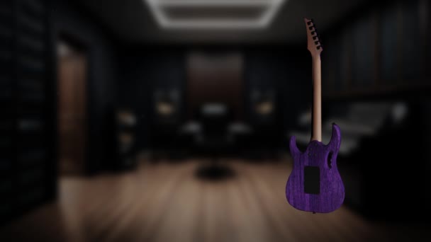 电吉他紫色旋转录音室4K环路的特点是紫色电吉他旋转在一个环路中 背景音乐室的焦距很远 — 图库视频影像