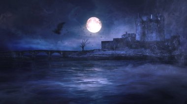 Dark Lake Castle with Bats Flying features an old castle by an eerie lake and full moon with rolling fog and bats flying. clipart