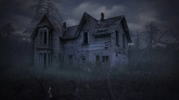 Opuszczony Dom Wśród Martwych Drzew Mgły Przedstawia Stary Opuszczony Dom — Zdjęcie stockowe