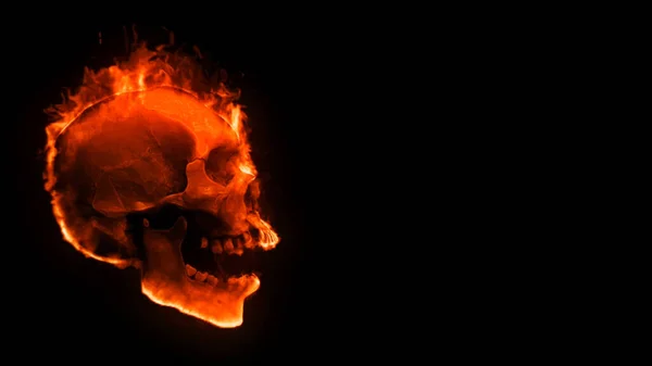 Flaming Skull with Sparks Background features a side profile view of a laughing flaming skull with sparks rising against a black background