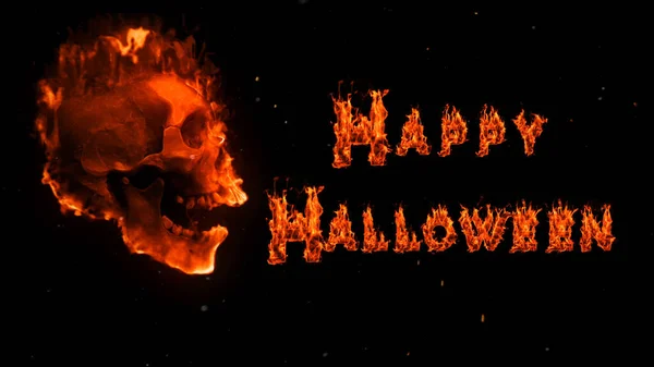 Flaming Skull Happy Halloween with Sparks features a side profile view of a laughing flaming skull with a flaming Happy Halloween message.
