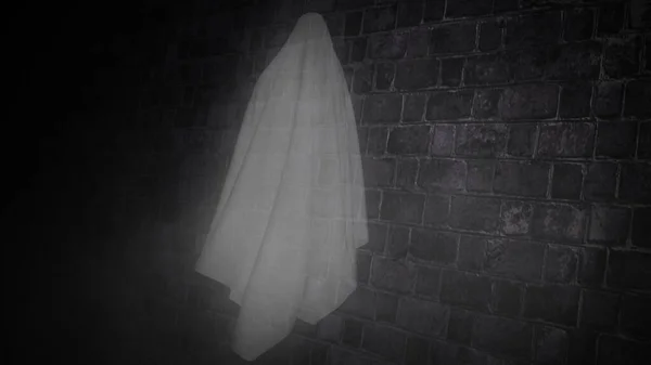 暗いレンガの壁に沿って浮かぶ幽霊煙や霧のヒントと石の壁に沿って暗い廊下を飛んで浮遊幽霊を備えています — ストック写真