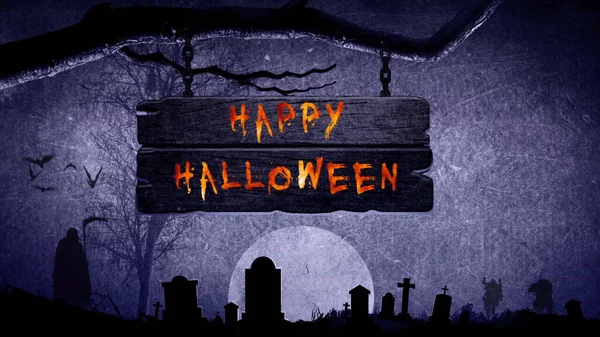 Boldog Halloween Flaming Sign Funkciók Egy Tábla Lóg Egy Halott — Stock Fotó