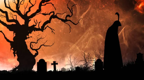 与死亡相伴的烟雾 描绘了一个坟墓的轮廓 它有一棵枯死的树 还有一个阴森森的收割者类型的生物 有着烟熏的氛围 — 图库照片