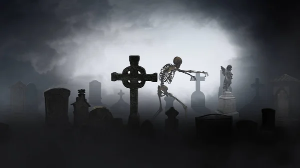 Skeleton Walking Misty Graveyard Verfügt Über Einen Nebligen Friedhof Und — Stockfoto