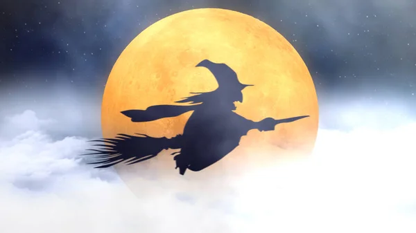 Witch Silhouette Flying Broom Passado Orange Moon Apresenta Silhueta Uma — Fotografia de Stock