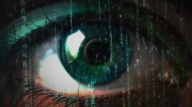 Yeşil Parçacık Gözü 4K Arka planı, göz izleyiciye yaklaştıkça göz ve metin ve sayılar arasında uçan parçacıkların olduğu yeşil bir göze sahiptir..