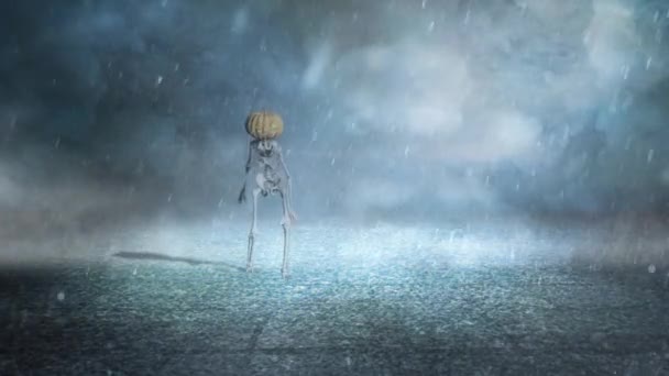 Скелет Головою Джека Ліхтаря Прогулянка Штормі Loop Має Скелет Головою — стокове відео