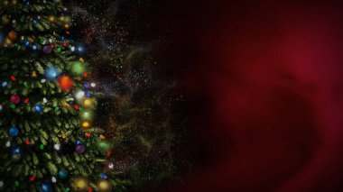Noel Ağacı Parçacık Arkaplanı 'nda koyu kırmızı arka planda bir Noel ağacı var. Parçacıklar kişisel mesajınız için hazırlanıyor, yapay zeka için değil. oluşturulmuş.