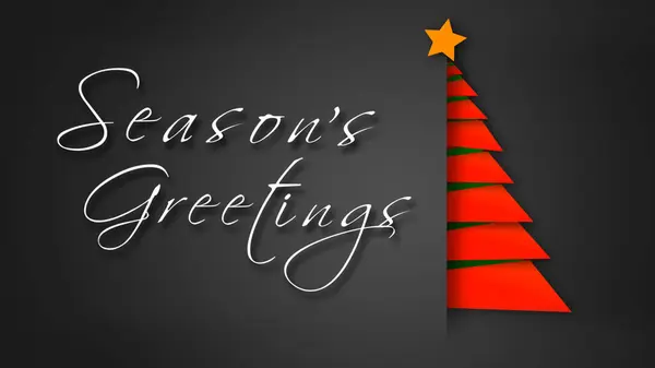レッドペーパーシーズンズグリーティングツリーは Iではなく手書きのシーズンズグリーティングメッセージで赤いクリスマスツリーに折り畳まれた紙の部分と灰色の封筒の背景を備えています 生成された — ストック写真
