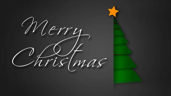グリーンペーパーメリークリスマスツリーは Iではなく 手書きのメリークリスマスメッセージで緑色のクリスマスツリーに折り畳まれた紙の部分と灰色の封筒の背景を特徴としています 生成された — ストック写真
