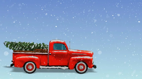 Caminhão Vermelho Vintage Transportando Árvore Natal Com Neve Apresenta Caminhão — Fotografia de Stock