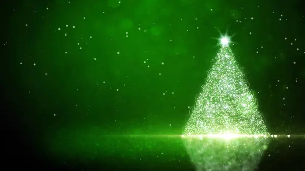 グリーン グリッター ツリーと雪の粒子クリスマスツリーで落ちる反射的な表面と雪で緑の雰囲気を特徴とし Iではない輝く星 生成された — ストック写真