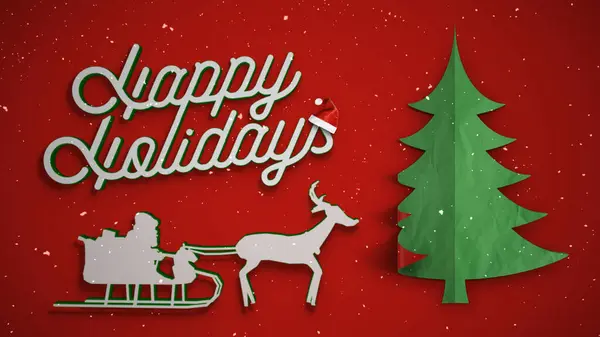 Happy Holidays Tree Unfold Achtergrond Beschikt Een Rode Achtergrond Sneeuw — Stockfoto