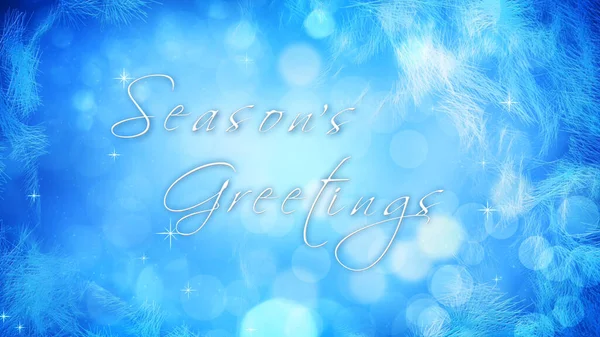 Frosting Window Seasons Greetings Presenta Fondo Azul Con Luces Partículas Imágenes de stock libres de derechos