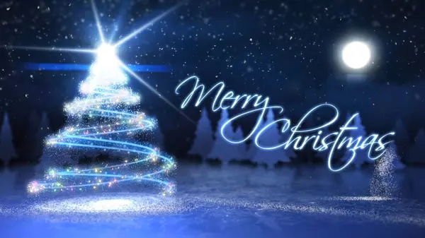 Merry Christmas Particle Write Snow Zeigt Einen Weihnachtsbaum Aus Lichtern — Stockfoto