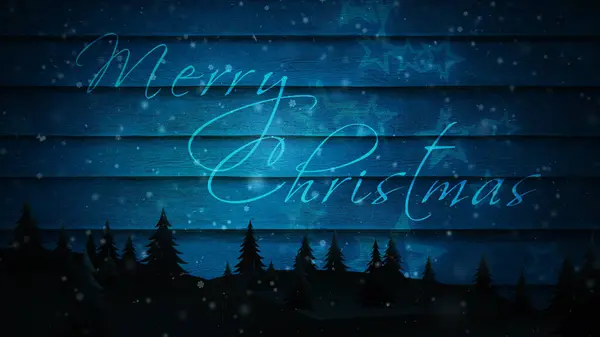 バーンウッドサイディングのメリークリスマスは メリークリスマスではなくメリークリスマスメッセージで昔ながらの納屋の背景に落ちる星と雪と松の森のシルエットを備えています 生成された — ストック写真