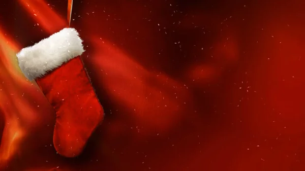 レッドクロスのメリークリスマスストッキングは 赤い布とハンギングストッキングと雪 手書きのメリークリスマスメッセージ Iではありません 生成された — ストック写真