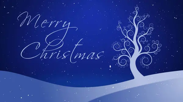 メリークリスマスウィンターホワイトツリーは 背景に輝く星と雪が手書きのメリークリスマスメッセージで落ちる冬の風景から成長する白い木を特徴としています 生成された — ストック写真