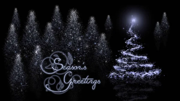 Seasons Greetings Reflective Trees features an elegant holiday greeting with a black background and silver blue Christmas trees rising out of black reflective surface with a seasonal greeting, not A.I. generated
