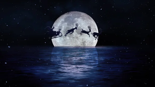Santa Fly Merry Christmas Moon Water Features Full Moon Hanging — стоковое фото