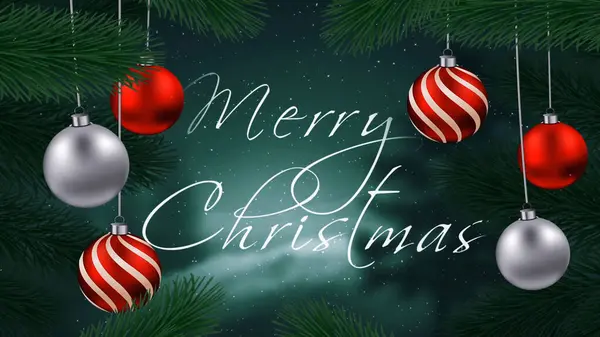 赤いオーナメントスイングパインブランチメリークリスマスは 雪とメリークリスマスメッセージ Iではない緑の松の枝でスイング赤い木の装飾を備えています 生成された — ストック写真