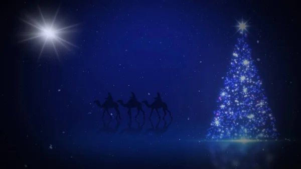 3人の賢い男性クリスマスツリースパークルは 青い表面に輝く粒子に輝くクリスマスツリーを特徴とし 背景にラクダに乗っている3人の賢明な男性のシルエットと空の星 Iではありません 生成された — ストック写真