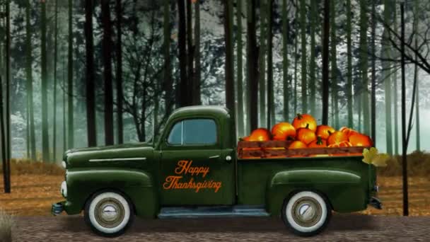 Vintage Truck Thanksgiving Pumpkins Leaves Falling Loop Presenta Camion Verde — Video Stock
