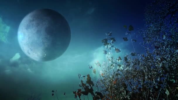 Träd Silhuetter Med Fullmåne Planet Loop Funktioner Höstlöv Fladdrar Förgrunden — Stockvideo