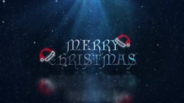Neon Santa Hats 4K döngüsünde mutlu Noeller. Mutlu Noeller. Noel Baba şapkalı metalik yazılar. Mavi bir atmosferde sallanıyor ve yanıp sönüyor..