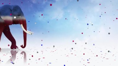 Cumhuriyetçi Fil Oylama Mesajı 4K İlmiği 'nde Cumhuriyetçi Parti sembolleriyle boyanmış bir fil konfetilerin düştüğü bir sahnede yürüyor ve bir bebek fil bir döngü içinde oylama yapıyor..
