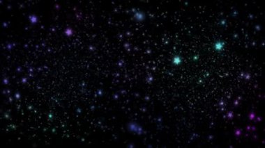 Gradyan Pembe 'den Su Arkaplanı' na 4K Döngü 'de mor ve mavi renkte kıvılcım saçan siyah bir alanda parıltılar ve yıldızlar var..