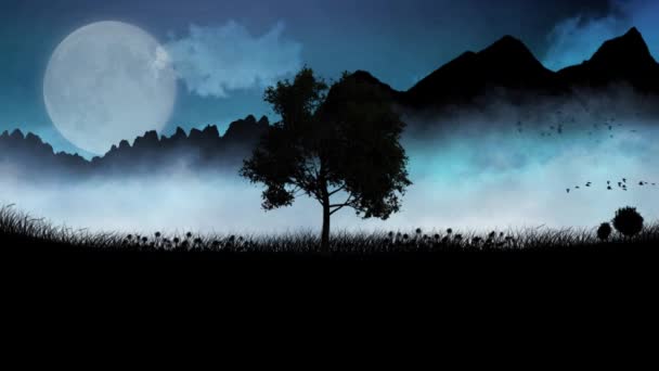 Силуэт Дерева Тумане Закате Loop Имеет Анимированный Силуэт Дерева Травой — стоковое видео