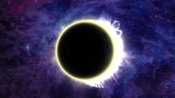 Eclipse紫色のスペースとソーラーフレア4Kは 太陽フレアと暗い月を備え カラフルな紫色のスペース背景を持つ完全な太陽の日食のためにそれをカバーしています — ストック動画