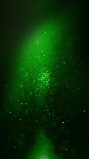 垂直的绿色粒子大气和橙色的四K环带的特点是 雪和闪光的粒子以垂直的比例在深绿色的大气中向观看者飞去 — 图库视频影像