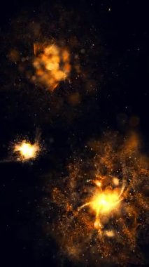 Dikey Turuncu Uzay Patlamaları Parçacık Yağmuru 4K Döngüsü, parçacıkların öne doğru uçması ve turuncu ışığın dikey oranda patlaması gibi karanlık bir alana sahiptir..