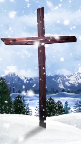 Вертикальный Зимний Горный Крест Петля Имеет Старый Деревянный Крест Снегом — стоковое видео